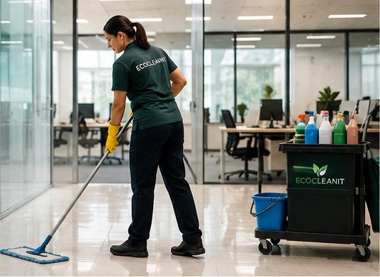 Colaboradora de Ecocleanit realizando aseo profesional en oficina